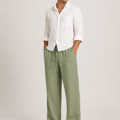 Men's Linen Pants, Straight Leg Casual Trousers with Drawstring Elastic Waist