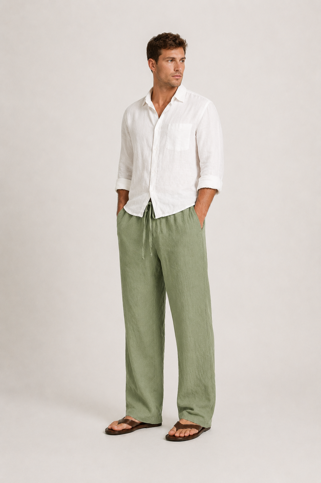 Men's Linen Pants, Straight Leg Casual Trousers with Drawstring Elastic Waist
