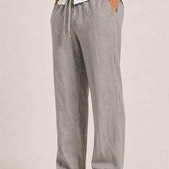 Men's Linen Pants, Straight Leg Casual Trousers with Drawstring Elastic Waist