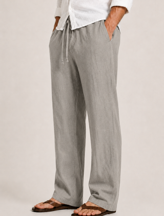 Men's Linen Pants, Straight Leg Casual Trousers with Drawstring Elastic Waist