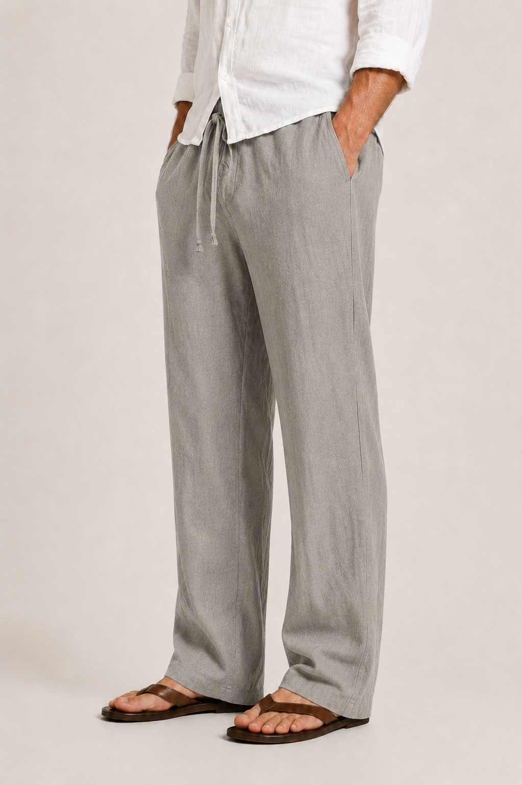 Men's Linen Pants, Straight Leg Casual Trousers with Drawstring Elastic Waist