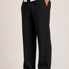 Men's Linen Pants, Straight Leg Casual Trousers with Drawstring Elastic Waist