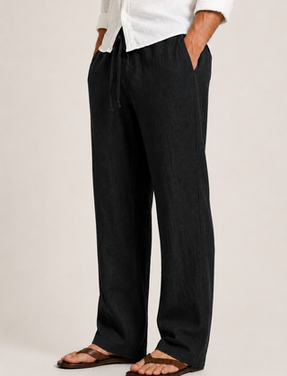 Men's Linen Pants, Straight Leg Casual Trousers with Drawstring Elastic Waist