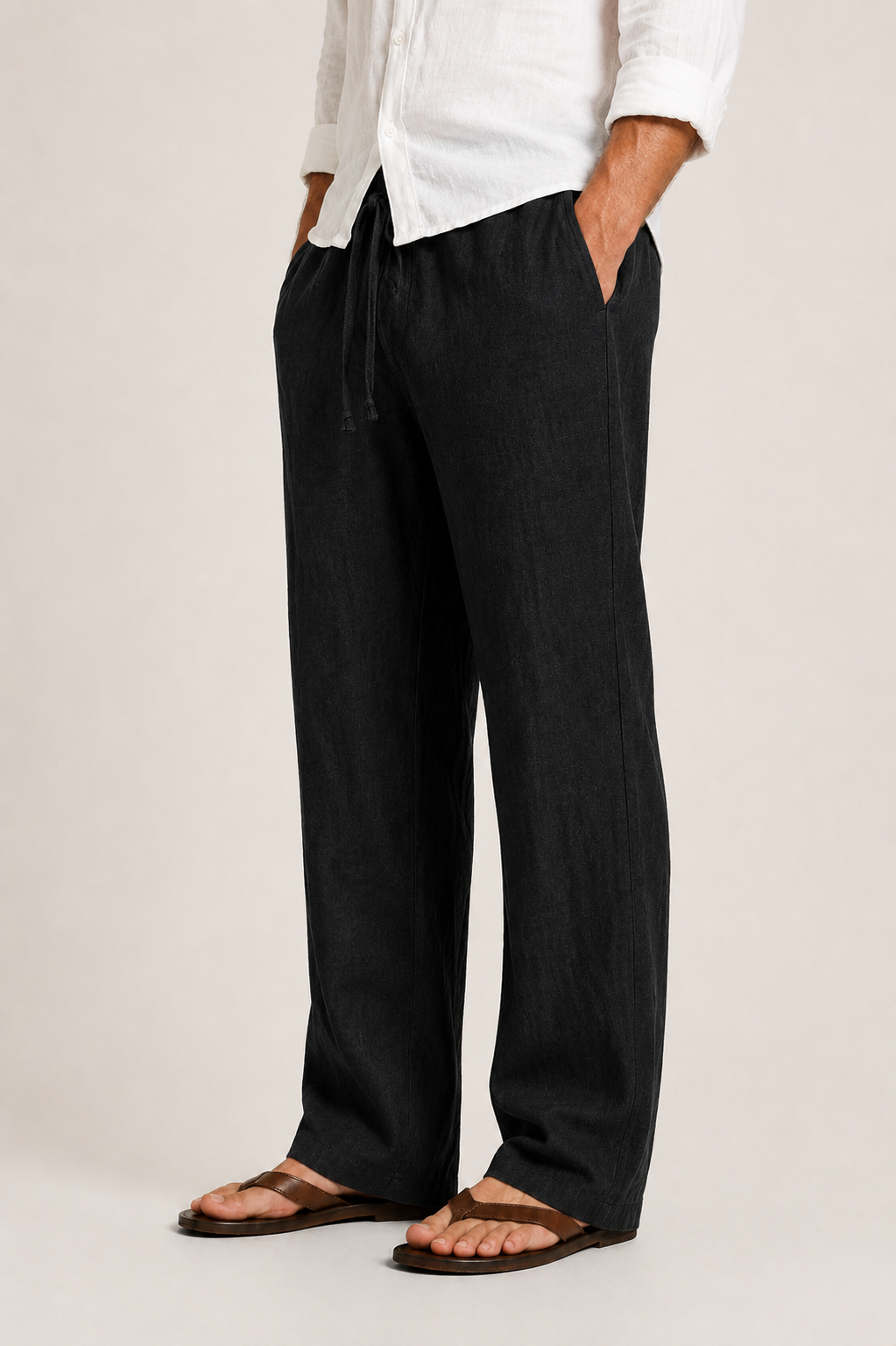 Men's Linen Pants, Straight Leg Casual Trousers with Drawstring Elastic Waist