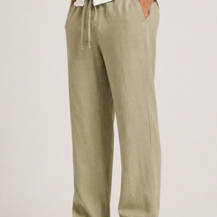 Men's Linen Pants, Straight Leg Casual Trousers with Drawstring Elastic Waist