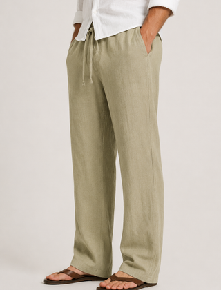 Men's Linen Pants, Straight Leg Casual Trousers with Drawstring Elastic Waist