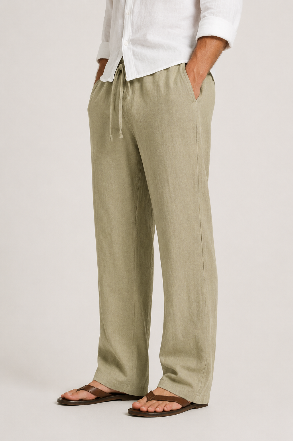 Men's Linen Pants, Straight Leg Casual Trousers with Drawstring Elastic Waist
