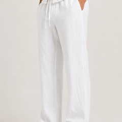 Men's Linen Pants, Straight Leg Casual Trousers with Drawstring Elastic Waist
