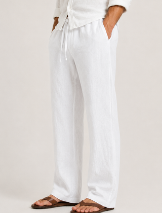 Men's Linen Pants, Straight Leg Casual Trousers with Drawstring Elastic Waist