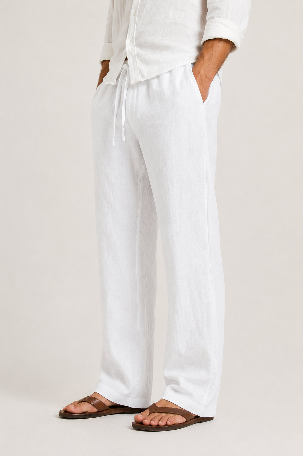 Men's Linen Pants, Straight Leg Casual Trousers with Drawstring Elastic Waist