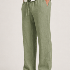 Men's Linen Pants, Straight Leg Casual Trousers with Drawstring Elastic Waist