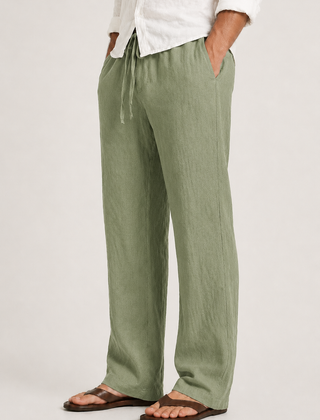 Men's Linen Pants, Straight Leg Casual Trousers with Drawstring Elastic Waist
