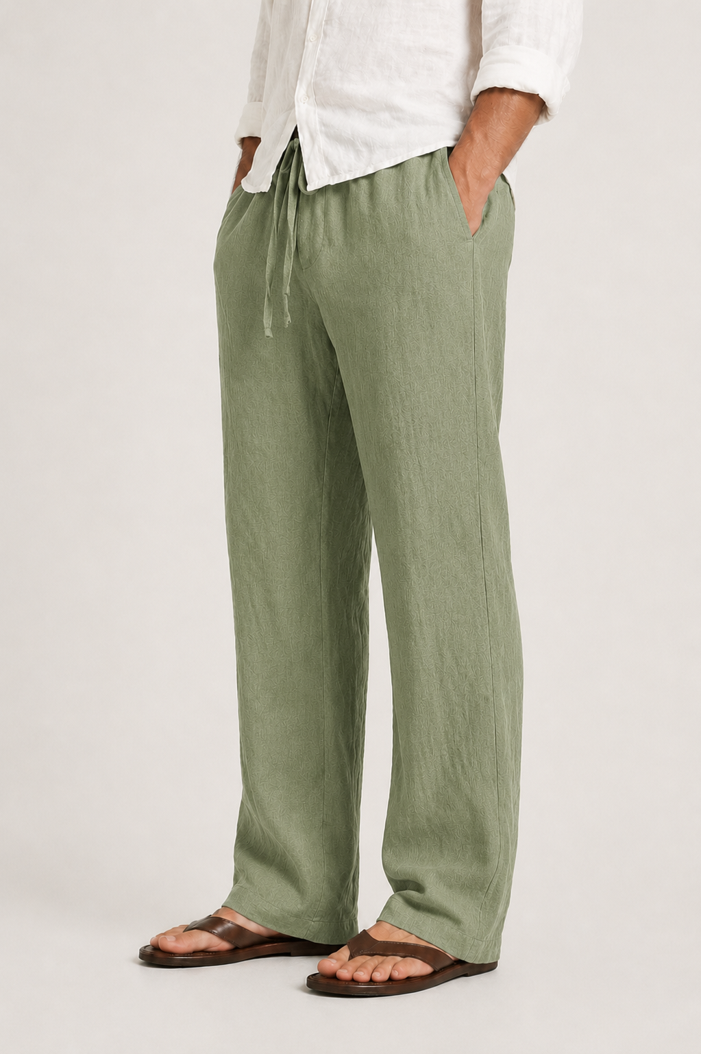 Men's Linen Pants, Straight Leg Casual Trousers with Drawstring Elastic Waist