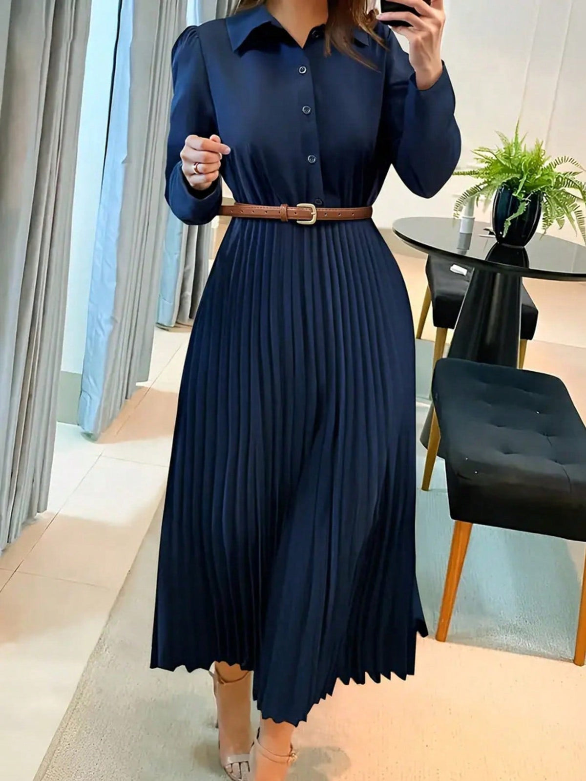 Rosalind Pleated Midi Dress Long Sleeve