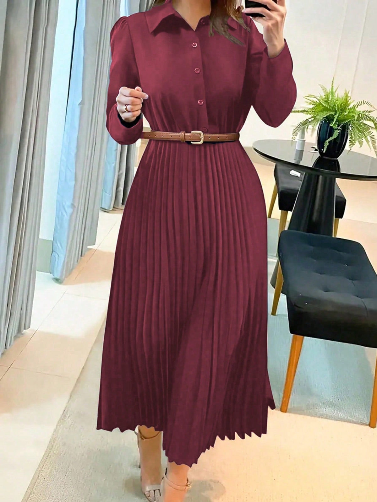 Rosalind Pleated Midi Dress Long Sleeve