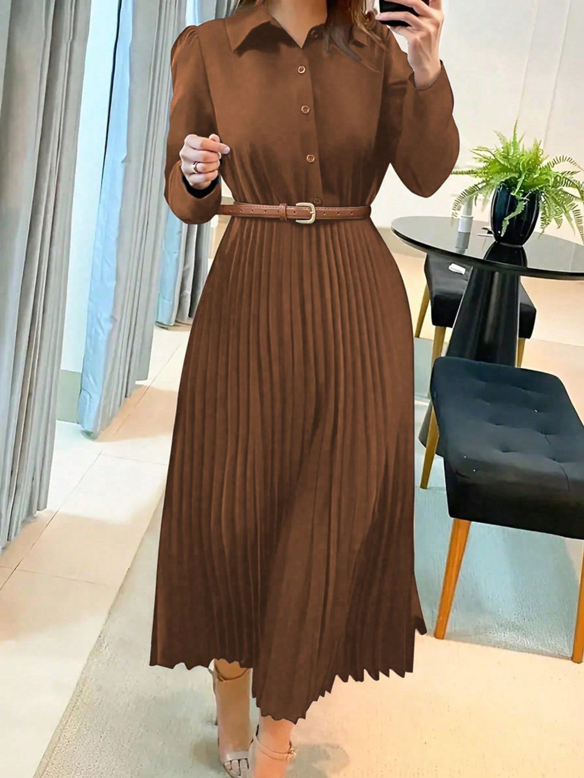 Rosalind Pleated Midi Dress Long Sleeve
