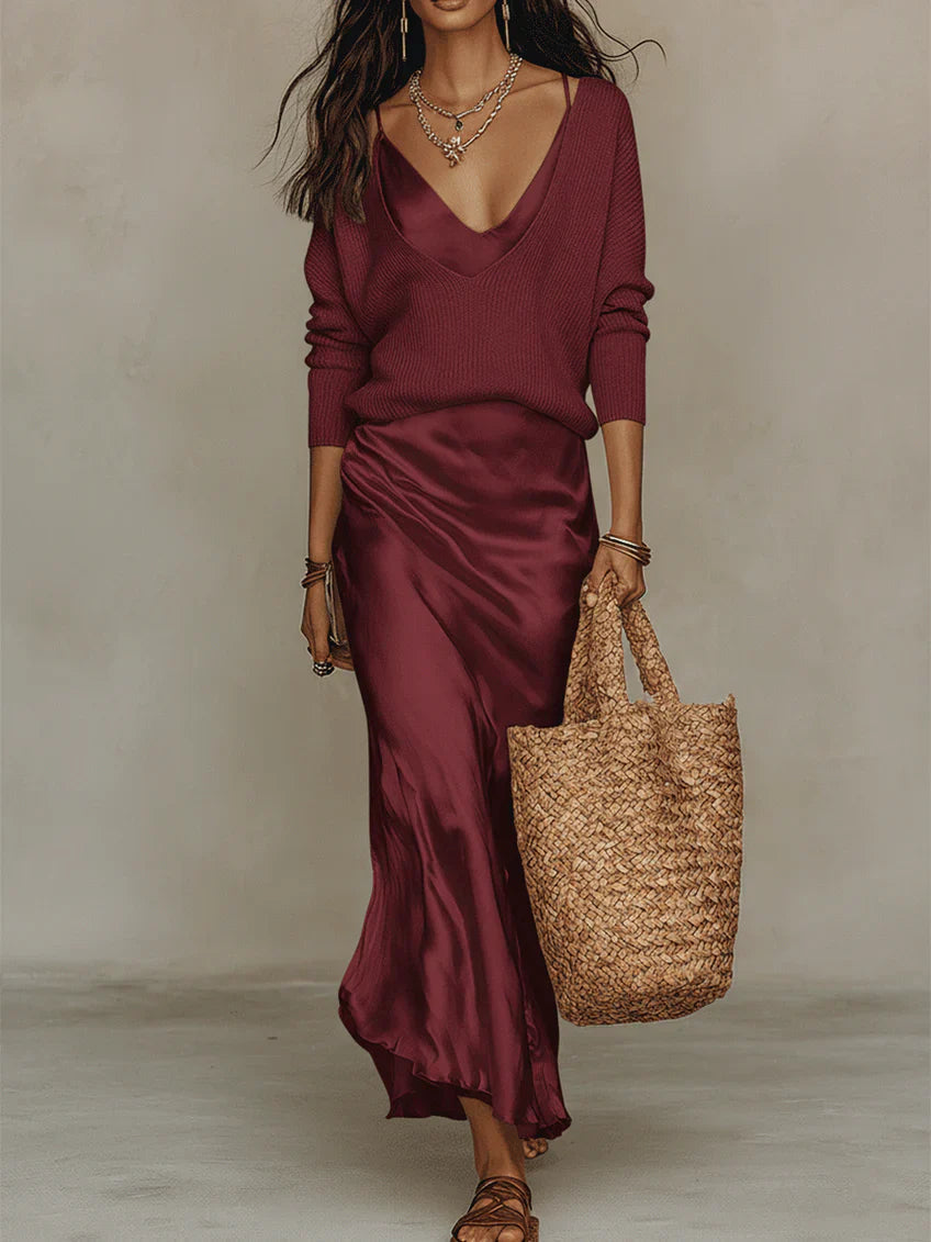 Satin Midi Skirt & Knit Sweater Set for Women