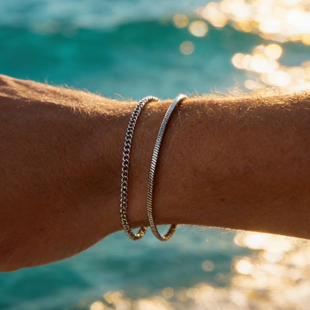 Men's Bracelet Set, Stainless Steel Chain Bracelet Adjustable Fine Link Layering