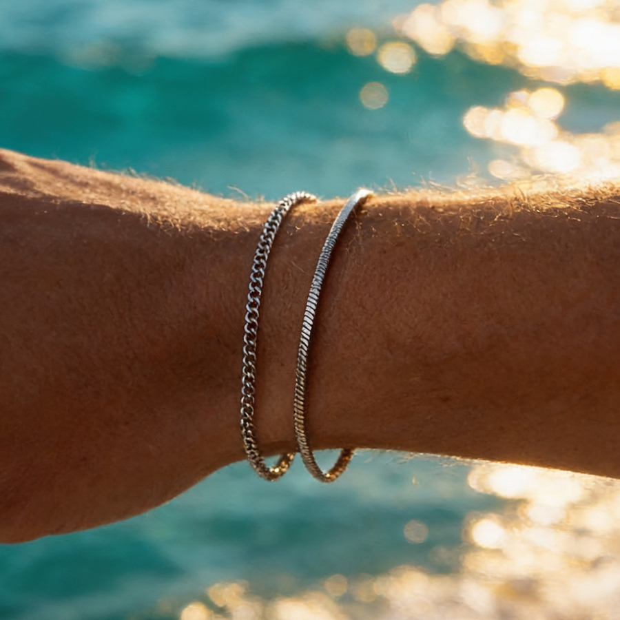 Men's Bracelet Set, Stainless Steel Chain Bracelet Adjustable Fine Link Layering