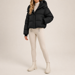 Aspen | Women's Oversized Cropped Black Puffer Jacket With Hood