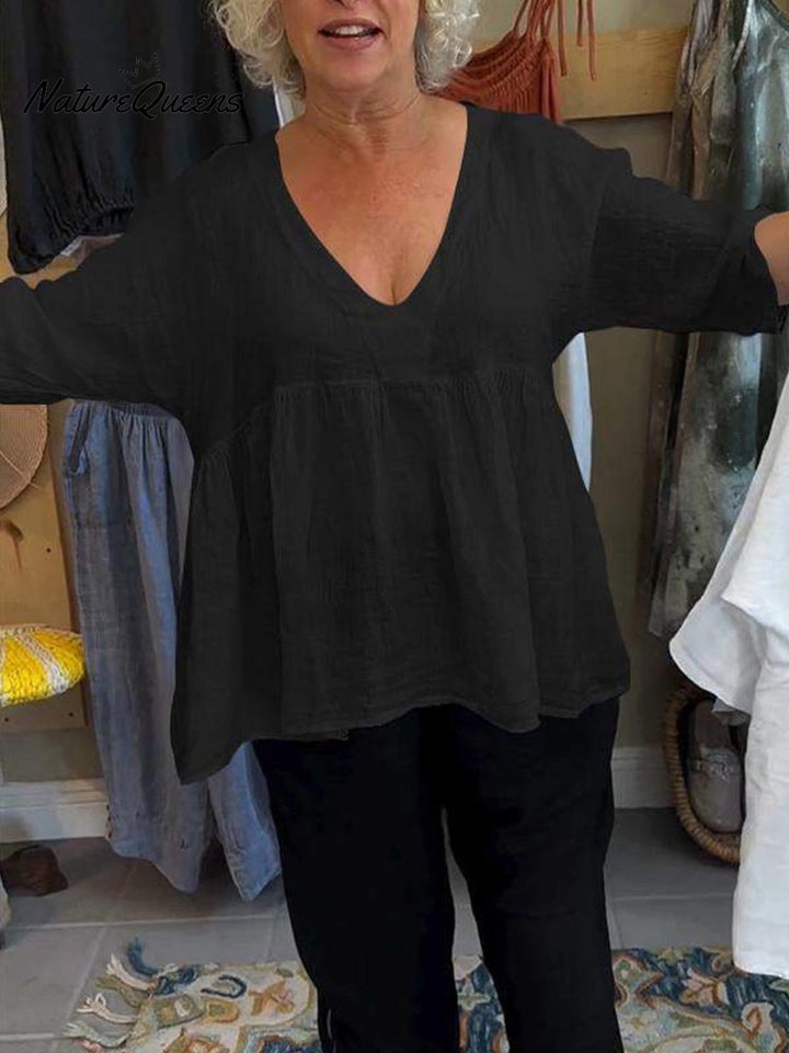 Loretta | V-Neck Cotton-Linen Blouse – Light Elegance with Everyday Ease