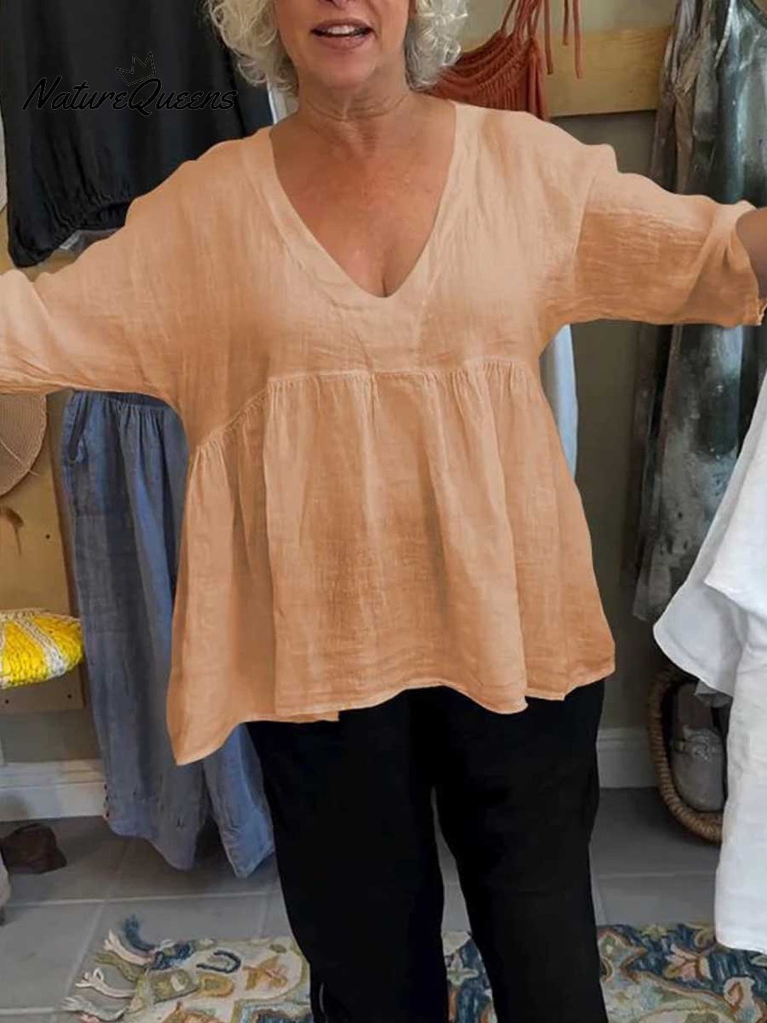 Loretta | V-Neck Cotton-Linen Blouse – Light Elegance with Everyday Ease