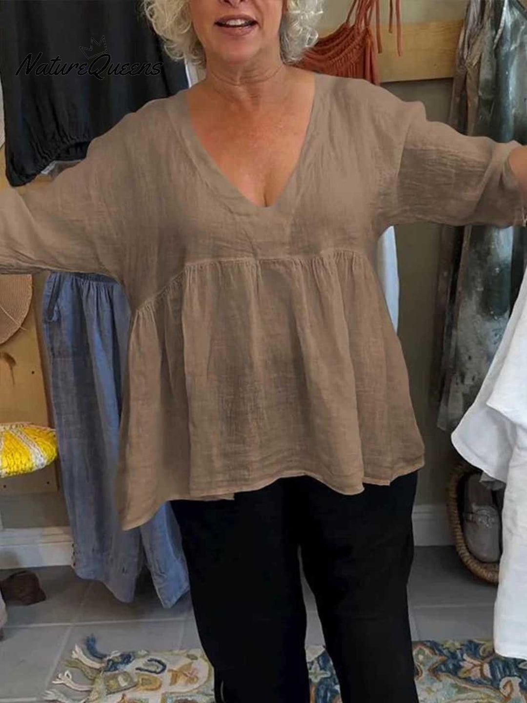 Loretta | V-Neck Cotton-Linen Blouse – Light Elegance with Everyday Ease