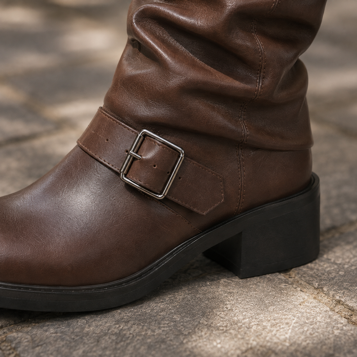 Lorena | Women's Slouchy Faux Leather Biker Boots With Buckle