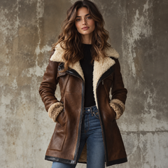 Mertice | Women's Long Brown Leather Coat With Faux Fur Collar