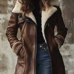 Mertice | Women's Long Brown Leather Coat With Faux Fur Collar