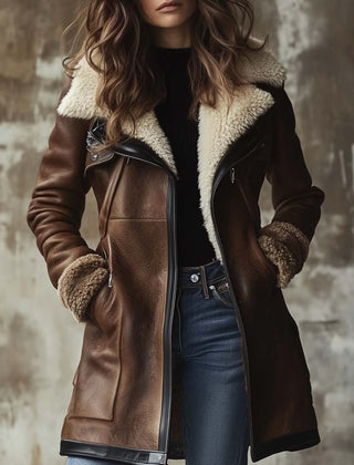 Mertice | Women's Long Brown Leather Coat With Faux Fur Collar