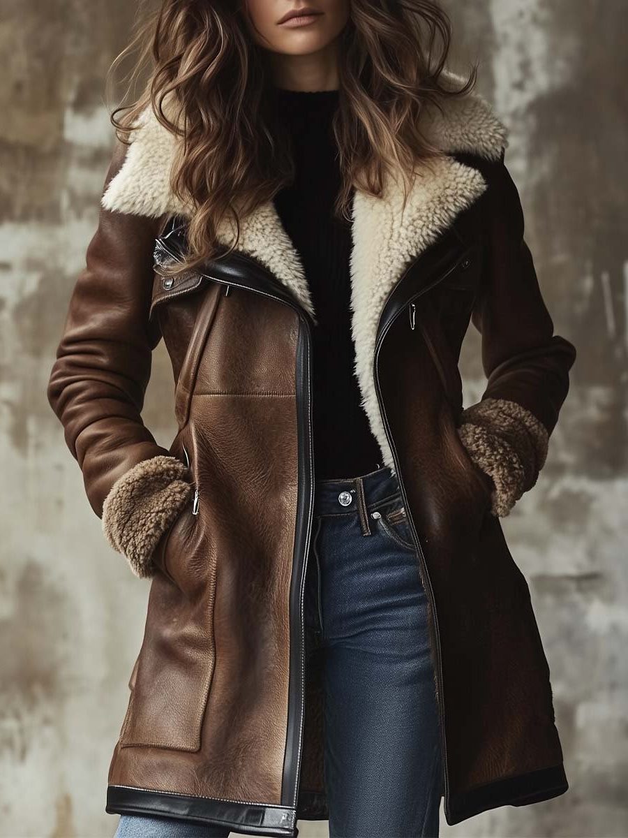 Mertice | Women's Long Brown Leather Coat With Faux Fur Collar