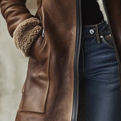 Mertice | Women's Long Brown Leather Coat With Faux Fur Collar