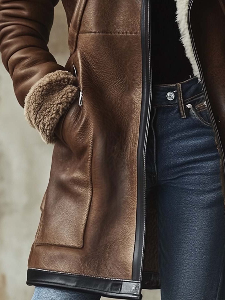 Mertice | Women's Long Brown Leather Coat With Faux Fur Collar
