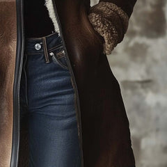 Mertice | Women's Long Brown Leather Coat With Faux Fur Collar