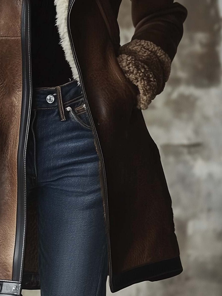 Mertice | Women's Long Brown Leather Coat With Faux Fur Collar