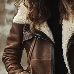 Mertice | Women's Long Brown Leather Coat With Faux Fur Collar