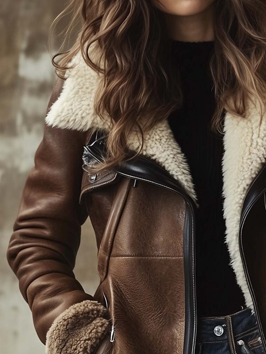 Mertice | Women's Long Brown Leather Coat With Faux Fur Collar