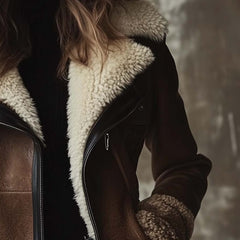 Mertice | Women's Long Brown Leather Coat With Faux Fur Collar