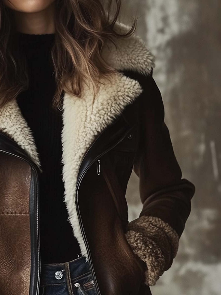 Mertice | Women's Long Brown Leather Coat With Faux Fur Collar