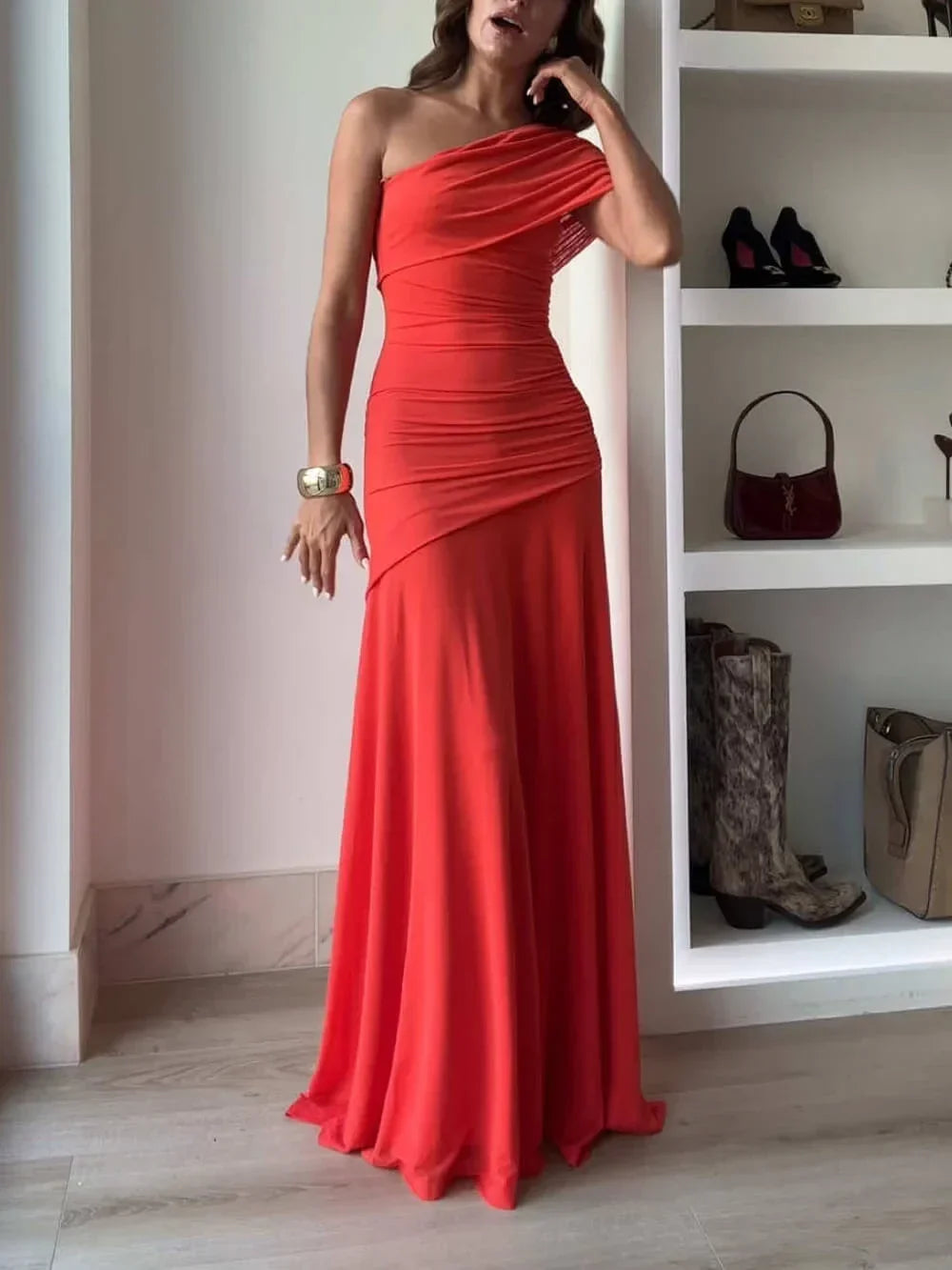 Asymmetrical ruched one-shoulder maxi dress