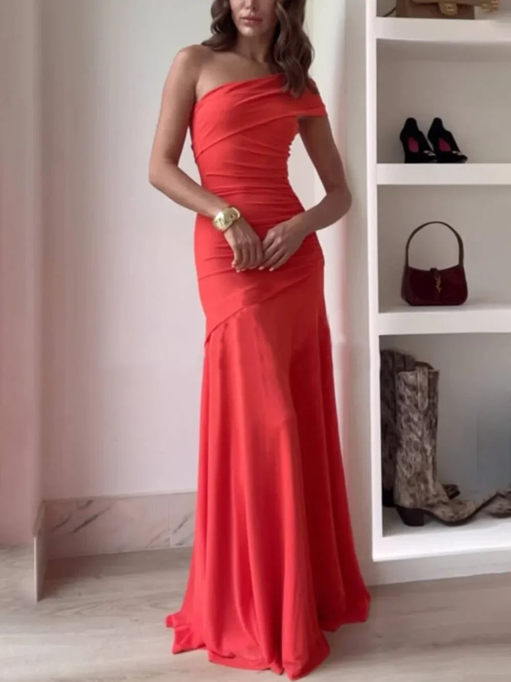 Asymmetrical ruched one-shoulder maxi dress