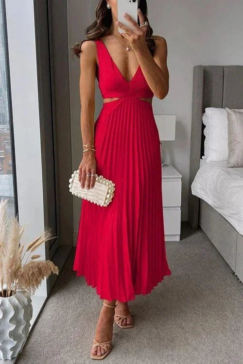 Pleated midi dress with cutout waist 1