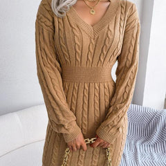Women's Cable Knit Sweater Dress, Midi V-Neck Long Sleeve Cinched Waist Knit Dress