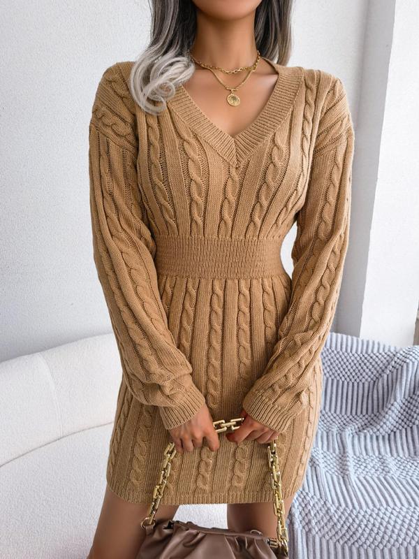 Women's Cable Knit Sweater Dress, Midi V-Neck Long Sleeve Cinched Waist Knit Dress