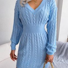 Women's Cable Knit Sweater Dress, Midi V-Neck Long Sleeve Cinched Waist Knit Dress