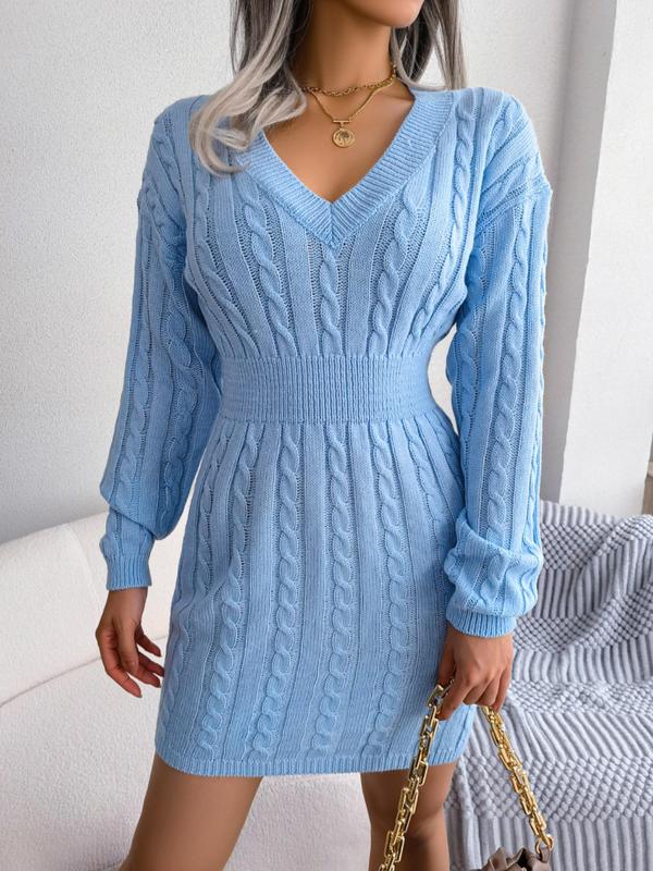 Women's Cable Knit Sweater Dress, Midi V-Neck Long Sleeve Cinched Waist Knit Dress