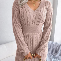 Women's Cable Knit Sweater Dress, Midi V-Neck Long Sleeve Cinched Waist Knit Dress