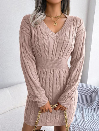 Women's Cable Knit Sweater Dress, Midi V-Neck Long Sleeve Cinched Waist Knit Dress