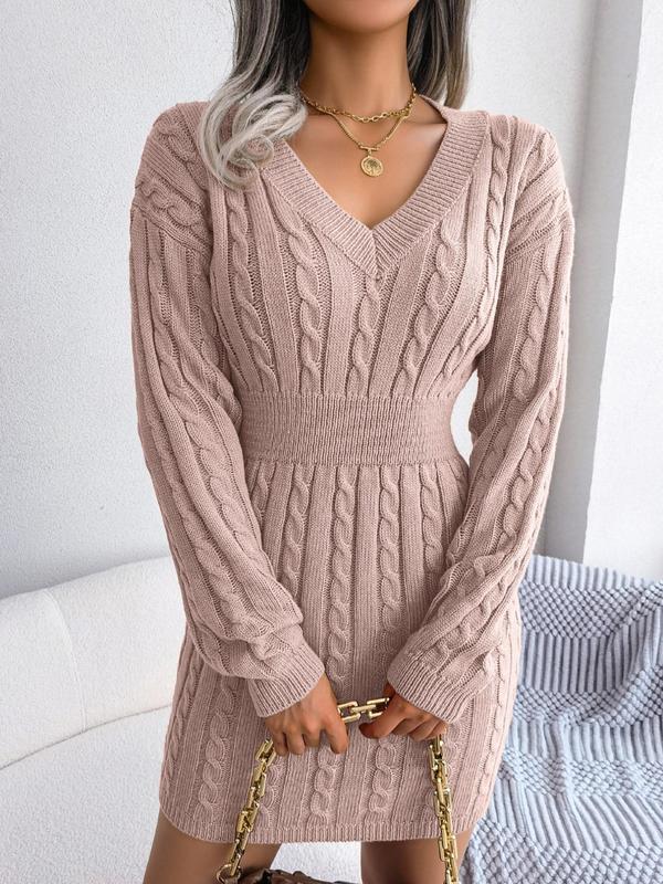 Women's Cable Knit Sweater Dress, Midi V-Neck Long Sleeve Cinched Waist Knit Dress